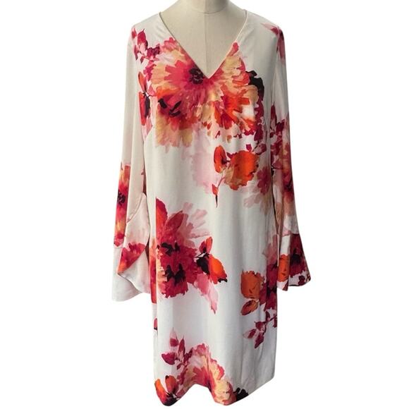 Calvin Klein V-Neck Tulip Sleeve Red and Orange Floral dress NEW Size 2 - Picture 4 of 13